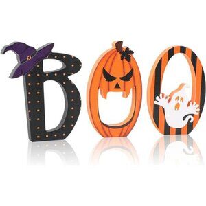 Retro Halloween Black Orange Tiered Tray Decor Set of 3 Wooden Happy BOO Day